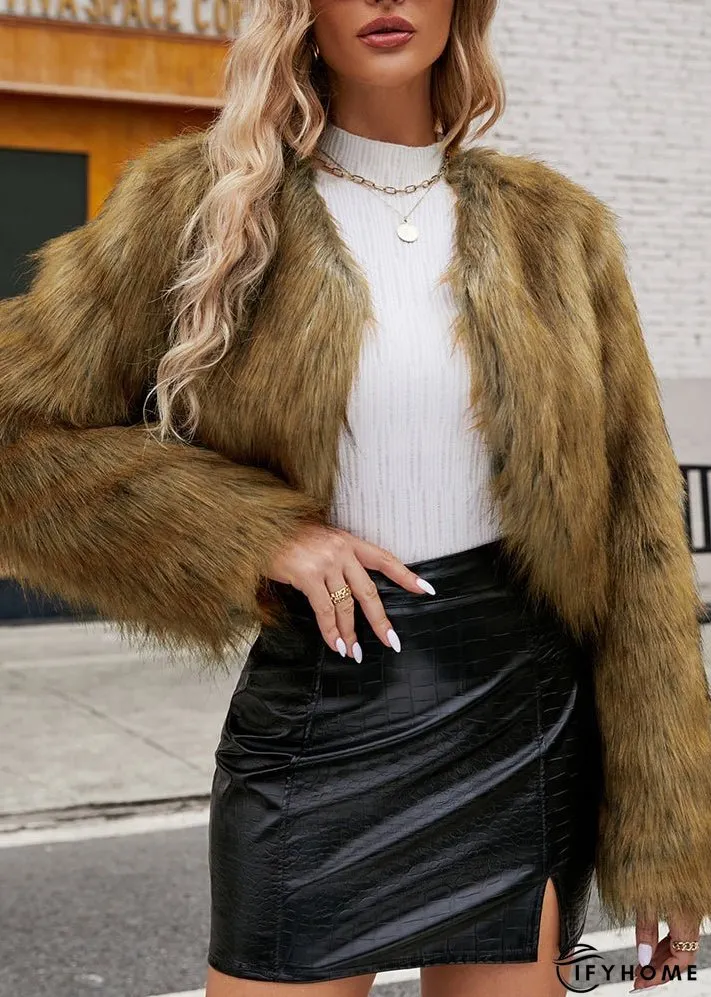 Boutique Plus Size Khaki V Neck Faux Fur Short Coat Fall | IFYHOME