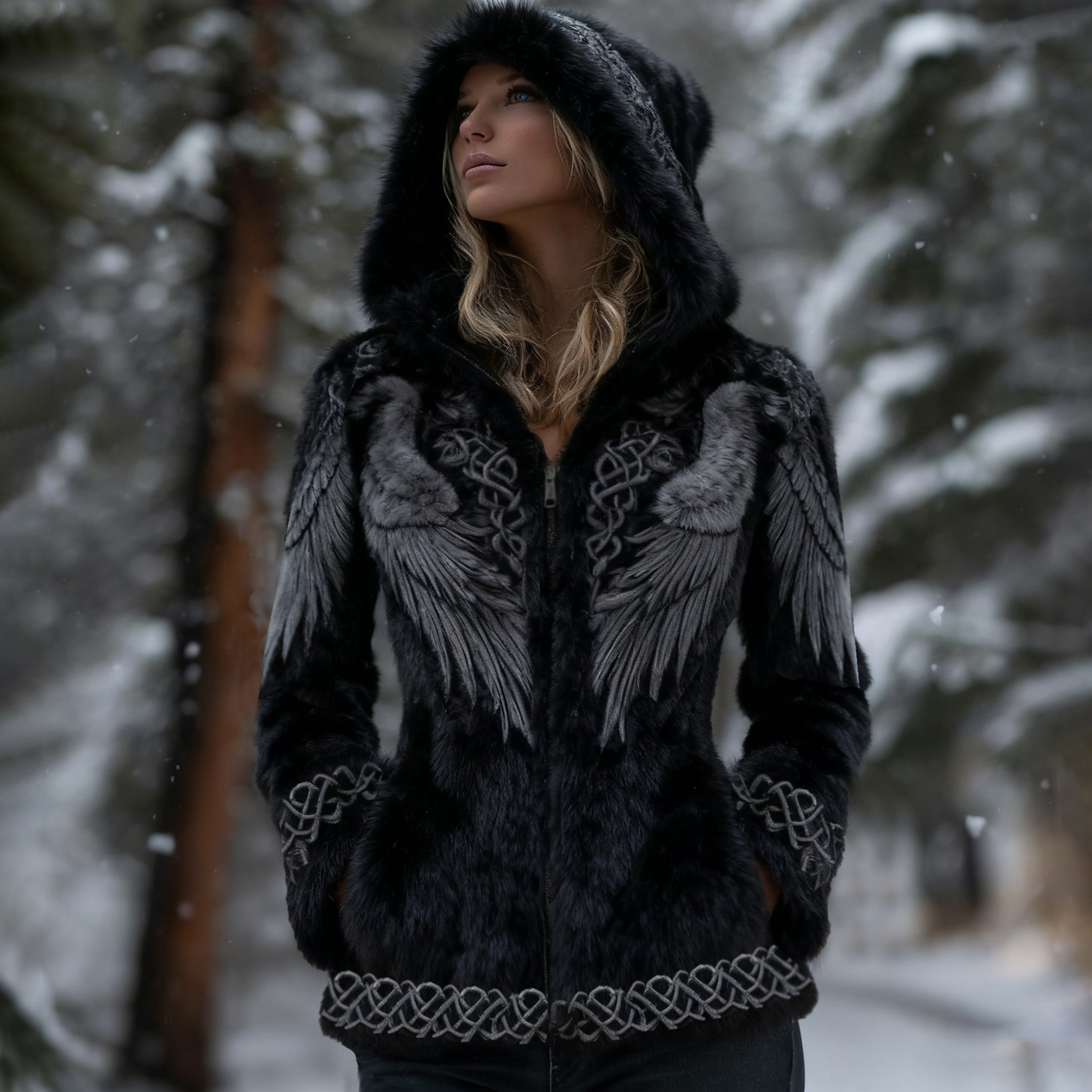 Women's Viking Wings Celtic Knot Full Zip Plush Hoodie elevenforest