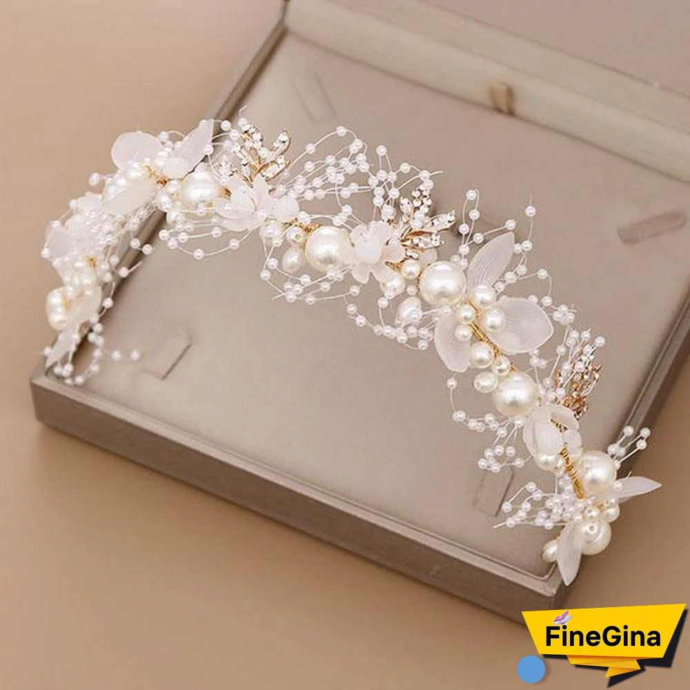 Bridal Flower Faux Pearl Crystal Hand-woven Golden Leaves Wedding Headband Hair Band Children's Hair Accessories