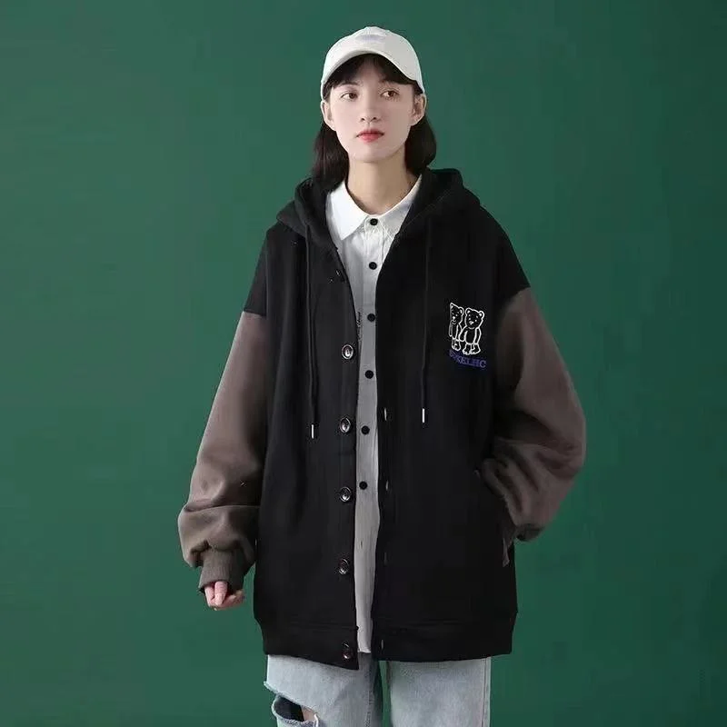 Colourp and Winter 2021 New Coat Retro Korean Stitching Plush Thickened Long Sleeve Single Breasted Fashion Hooded Loose Top