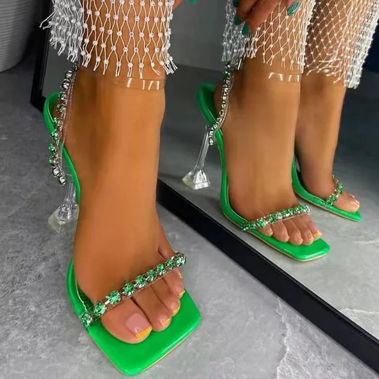 Party Crystal High Heel Square Toe Rhinestone Sandals-Green