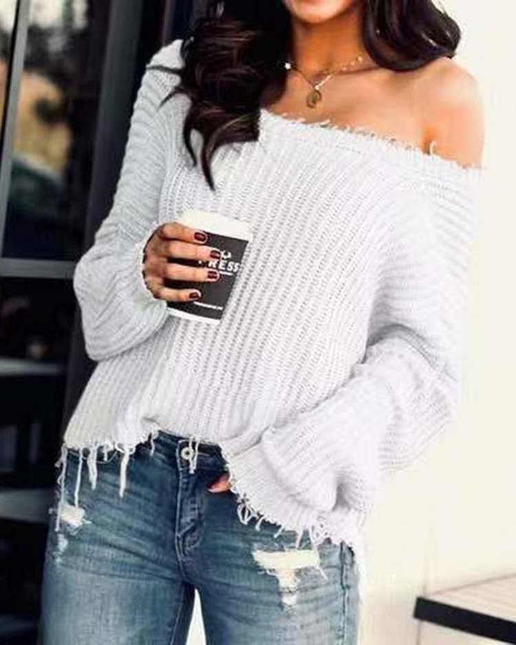 Chunky Knit Raw Hem Boat Neck Sweater - Shop Trendy Women's Clothing | LoverChic
