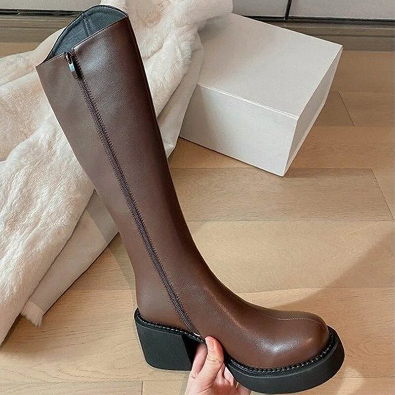 Women's Fashion Thigh High Long Boots Solid Square Heels Ladies Shoes Autumn Winter Soft Leather Zip Female Knee High Boots 2021