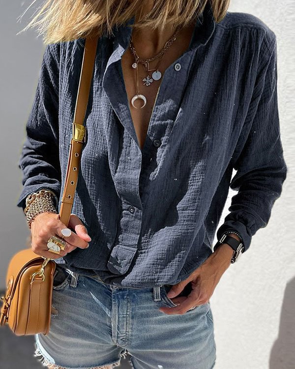 Casual Loose Button Linen Long Sleeve Shirt Top