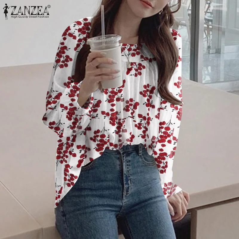 Oversized Women Autumn Blouses ZANZEA Retro Floral Tops Casual Puff Sleeve Blusas Female O Neck Tunic Bohemian Printed Chemise