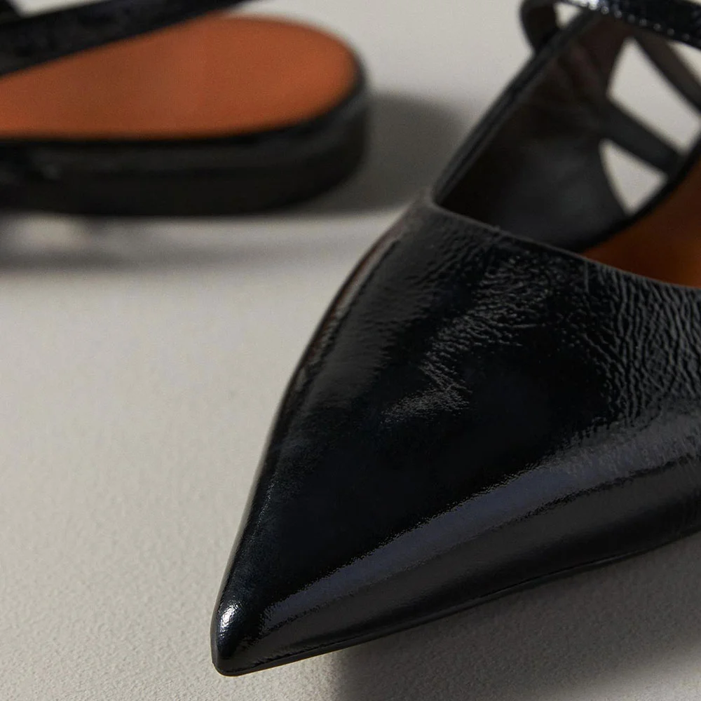 Black Vegan Leather Buckle Strap Slingback Pointed Toe Flats