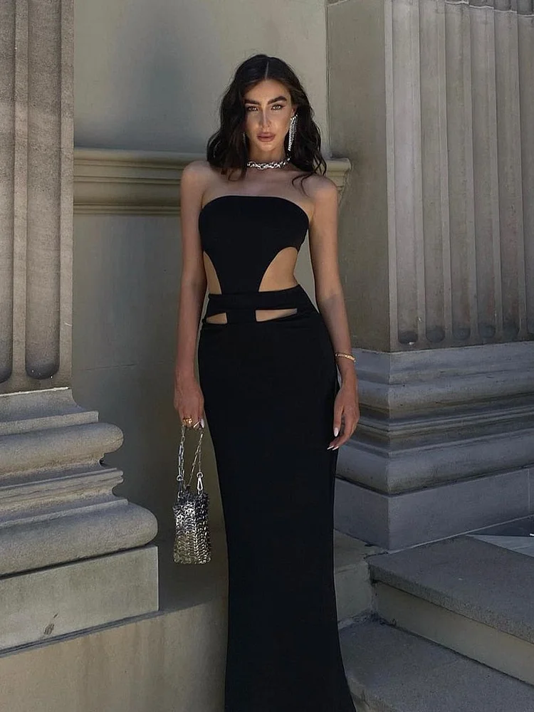 Hugcitar Off Shoulder Pure Color Hollow Out Slit Sexy Maxi Dress 2022 New Women Fashion Bodycon Elagant Evening Party Club Y2K