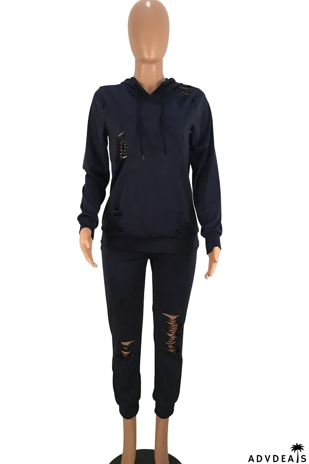 Brown Fashion Solid Ripped Hooded Collar Long Sleeve Two Pieces