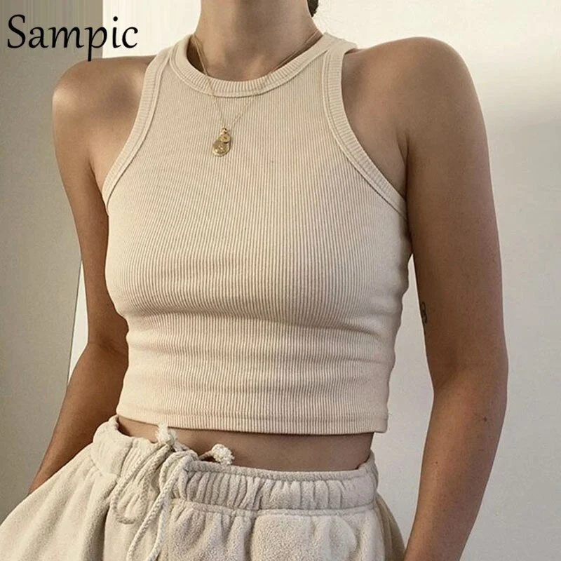 Sampic Summer Off Shoulder Ribbed O Neck Sleeveless White Knitted Tank Tops Sexy Camis Basic T Shirt Women Ribbed Crop Top Vest