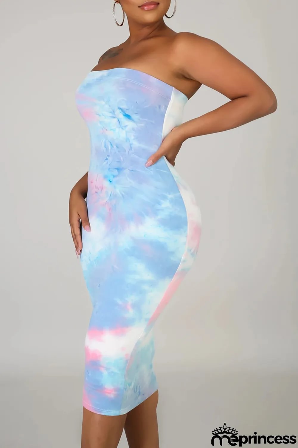 Deep Blue Sexy Patchwork Tie-dye Strapless Pencil Skirt Dresses