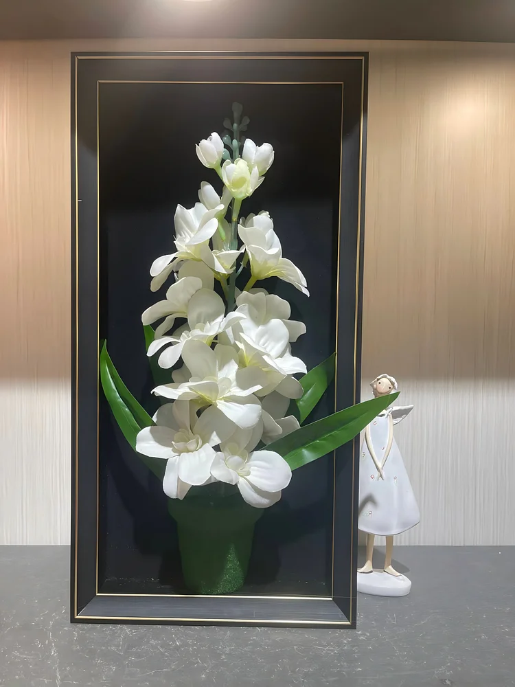 White Oncidium Realistic Framed Flower Art (23*45cm) - 3D Artificial Flower Decoration for Living Room & Entryway