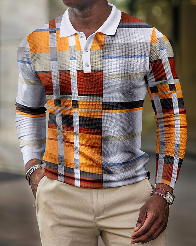 LONG SLEEVE STITCHING RETRO FASHION MEN'S POLO SHIRT