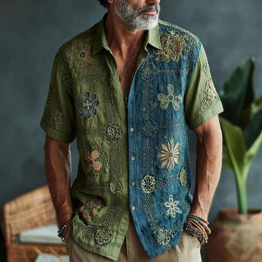 Comstylish Men's Retro Floral Art Embroidery Casual Cotton Linen Short-sleeve Shirt