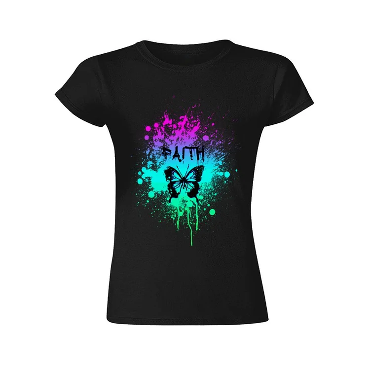 Faith Butterfly Graffiti T-Shirt &Agrave; Col Rond &Agrave; Manches Courtes Gildan Pour Femme