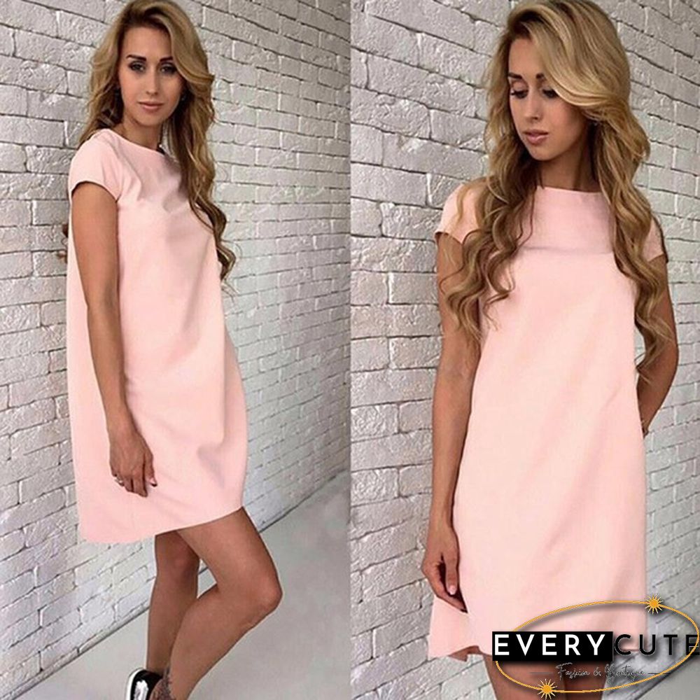 Women Fashion Casual O-neck Short Sleeve Loose Solid Color Mini Short Dress Plus Size S-XXL