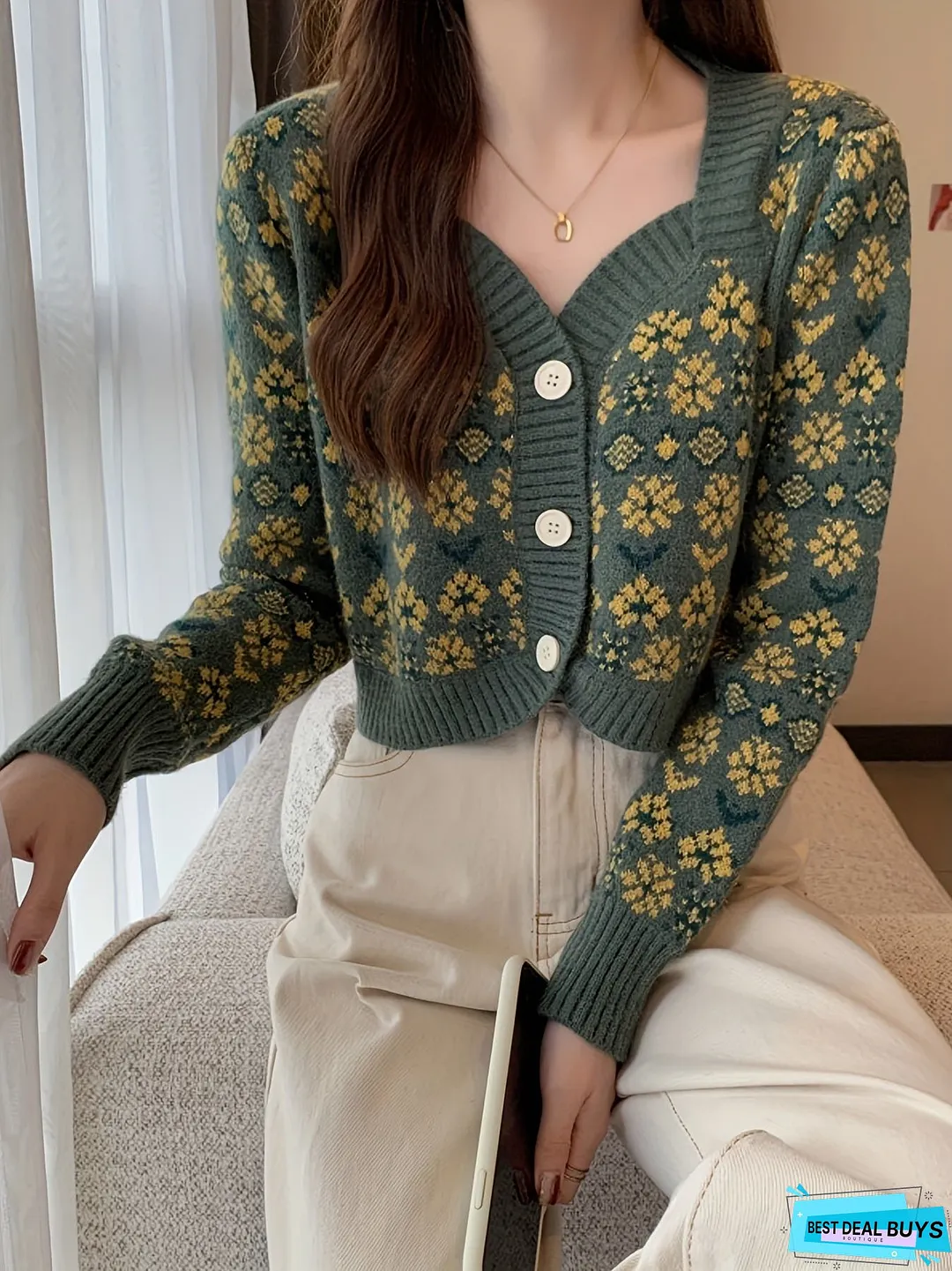 Floral Pattern Button Down Knit Cardigan, Cute Long Sleeve Crop Sweater, Women's Clothing