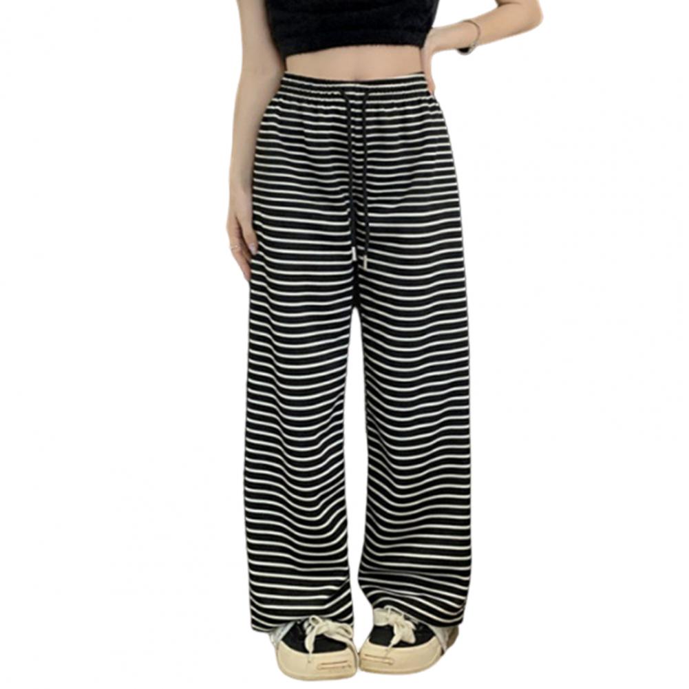 Ragparams Women Casual Pants Black White Stripes Print Pants Elastic Drawstring Waist Wide Leg Long Trousers Streetwear