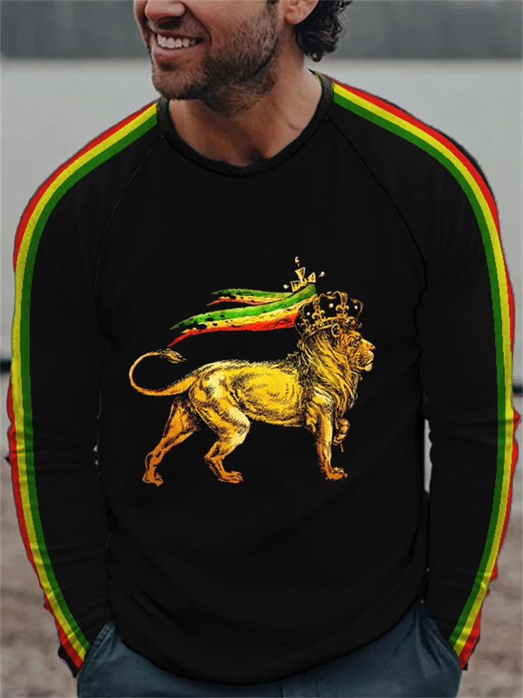 Men's Reggae Lover Rasta Lion Striped T Shirt