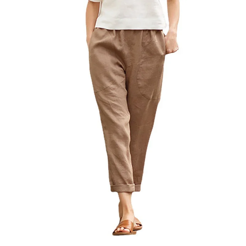 Uveng Large Pocket Pure Color Comfort Leisure Cotton Linen Casual Straight-leg Pants