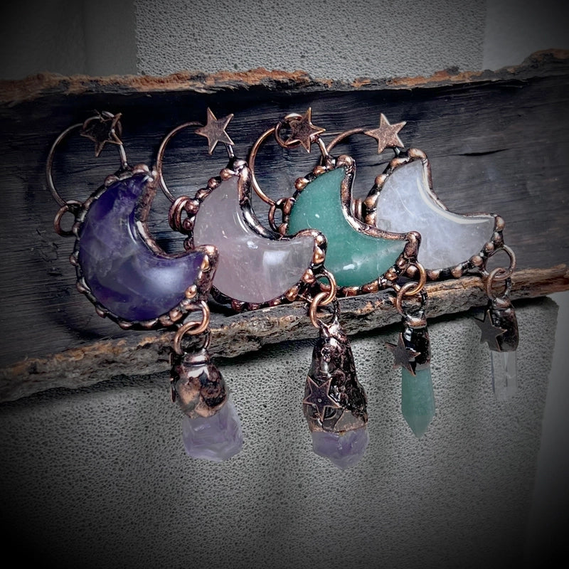 2 Pieces 35*91mm Crystal Green Aventurine Natural Stone Crystal Star Moon Pendant Jewelry Accessories