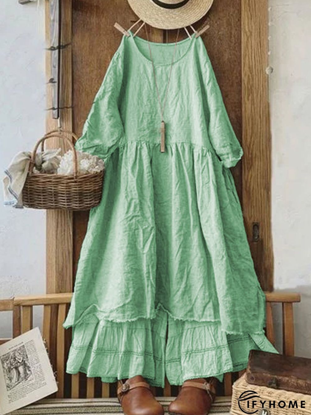 Vintage Plain Plus Size Long Sleeve Casual Weaving Dress | IFYHOME