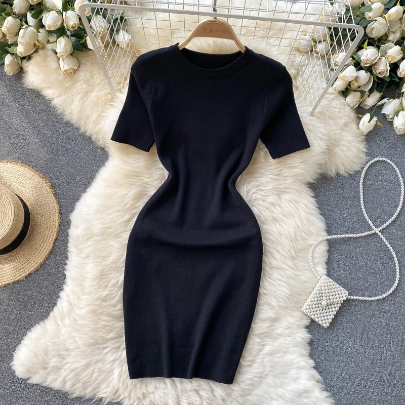 Croysier Summer Clothes For Women Dresses Crew Neck Short Sleeve Sexy Mini Knitted Dress Night Club Short Tight Bodycon Dress