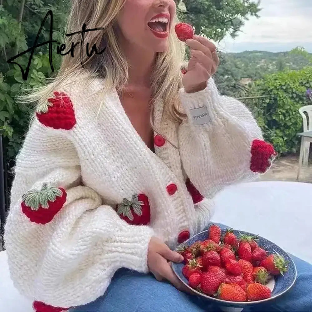 Black Friday Autumn Sweet Embroidery Strawberry V-neck Knitted Cardigan Winter Clothes Women Sweaters Coat Vintage Long Sleeve Sweater Aiertu