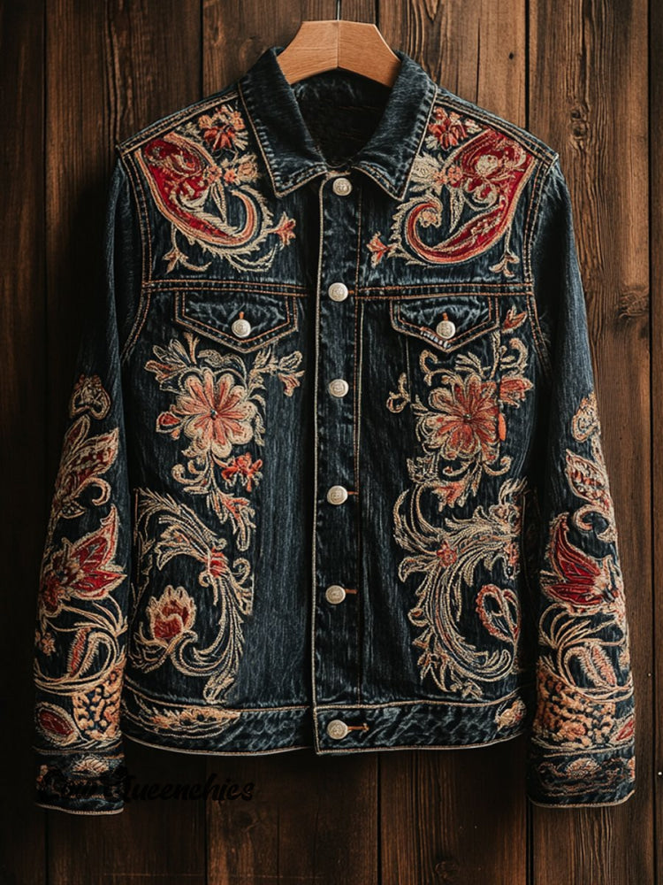 Vintage Floral Art Print Casual Denim Jacket Multicolor / S