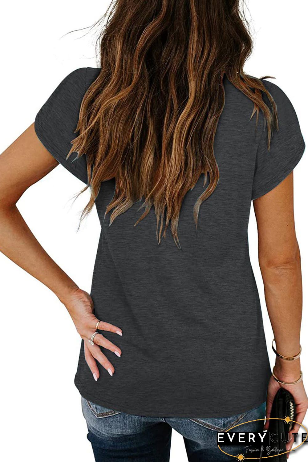 Black Lace Trim V Neck Overlap Short Sleeve Top