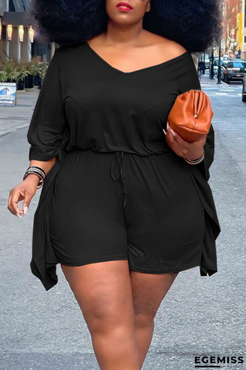 Black Casual Solid Patchwork V Neck Plus Size Two Pieces | EGEMISS