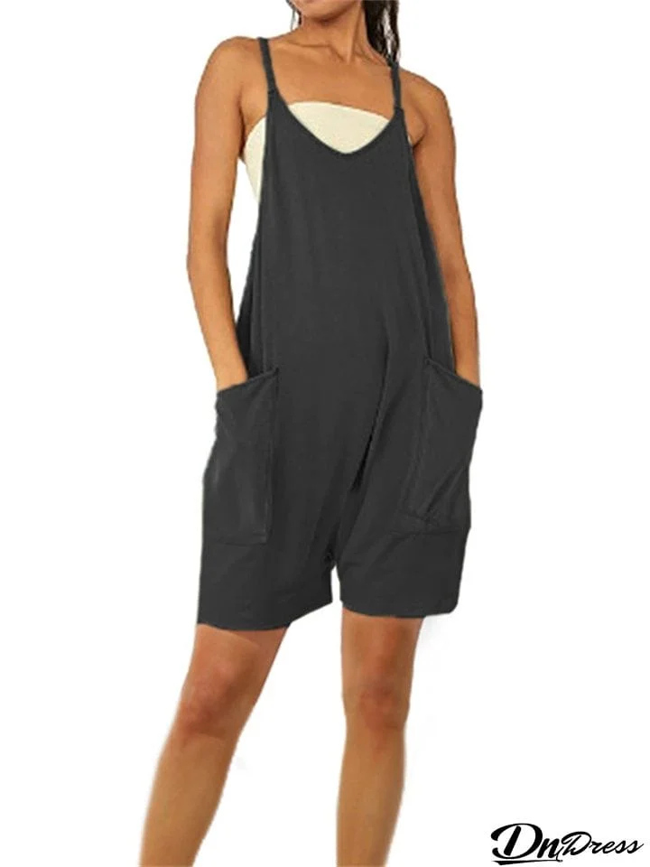 Women's Sports U Neck Sleeveless Large Pocket Loose Shorts Jumpsuits