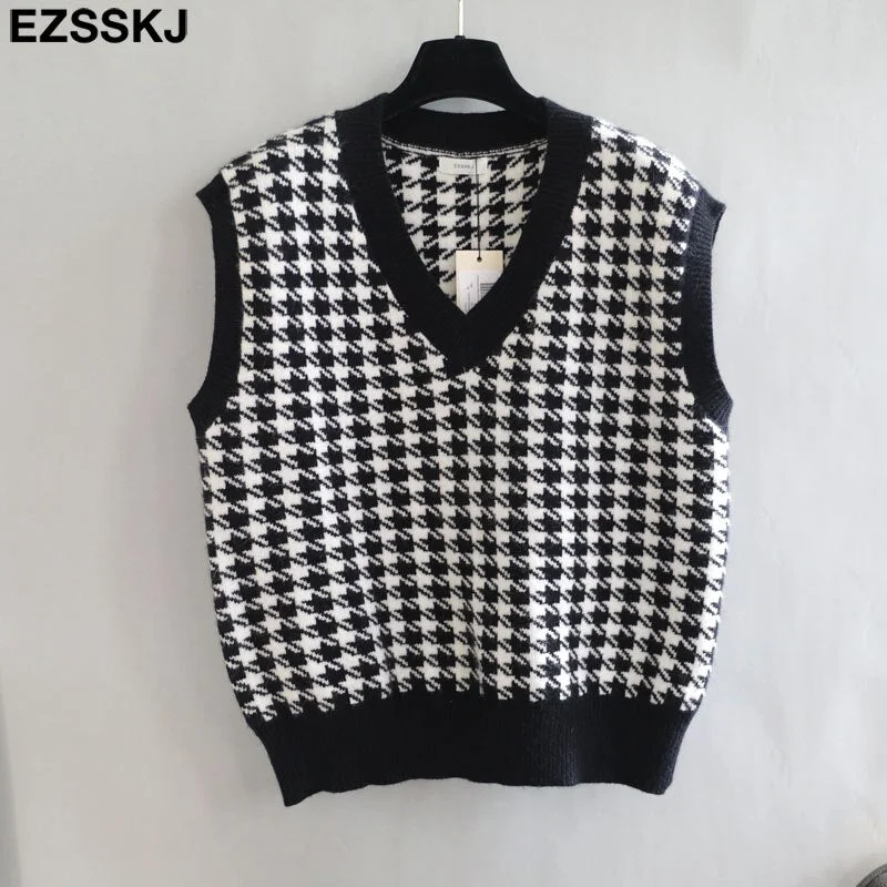 white black  thick Houndstooth sweater cardigans jacket ladies new women thick sweater coat v-neck cardigan jacket coat outwear