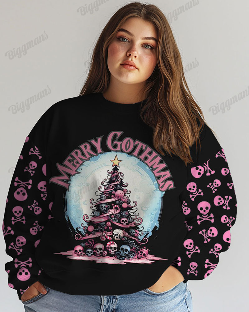 Plus Size Merry Gothmas Skull Christmas Tree Print Casual Long Sleeve Sweatshirt