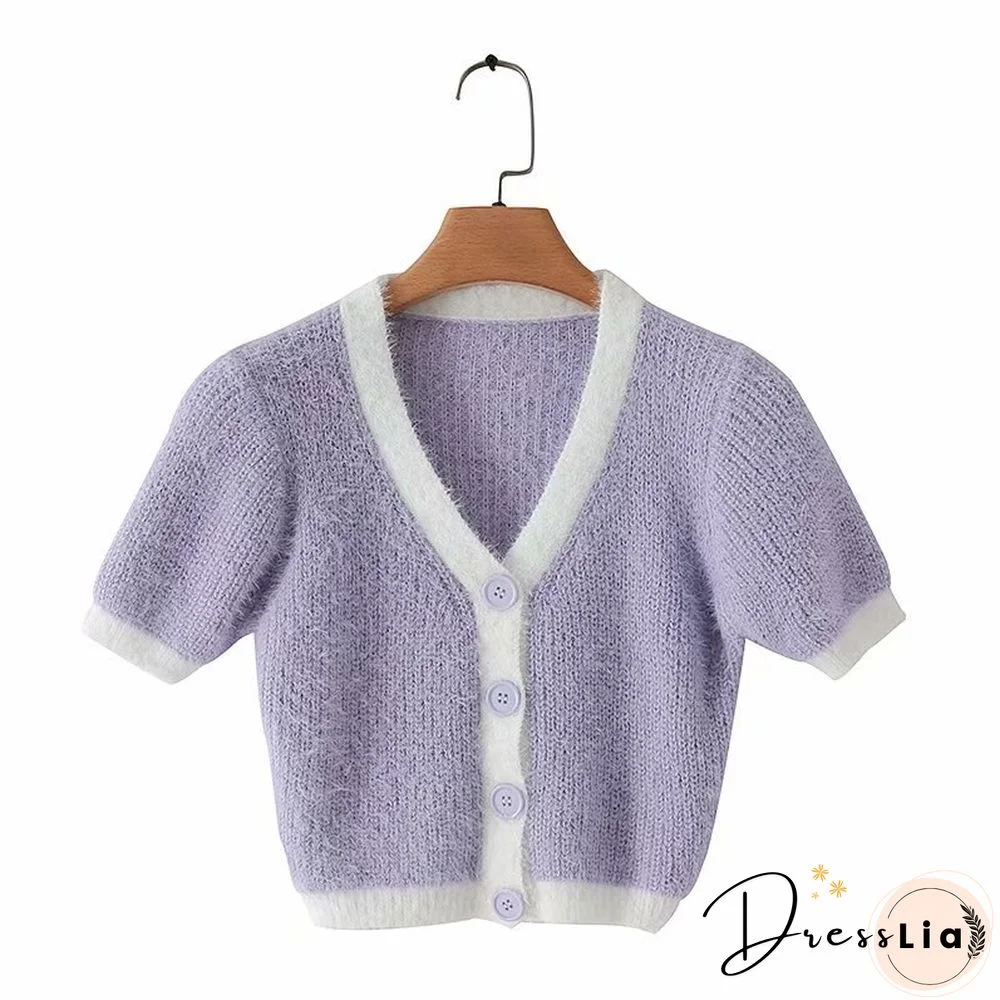 Spring Korean Sweater Women Vintage Pink Cardigan Knitted Cute Sweater Punk Crop Sweater Knit Korean Cardigans Cute Purple