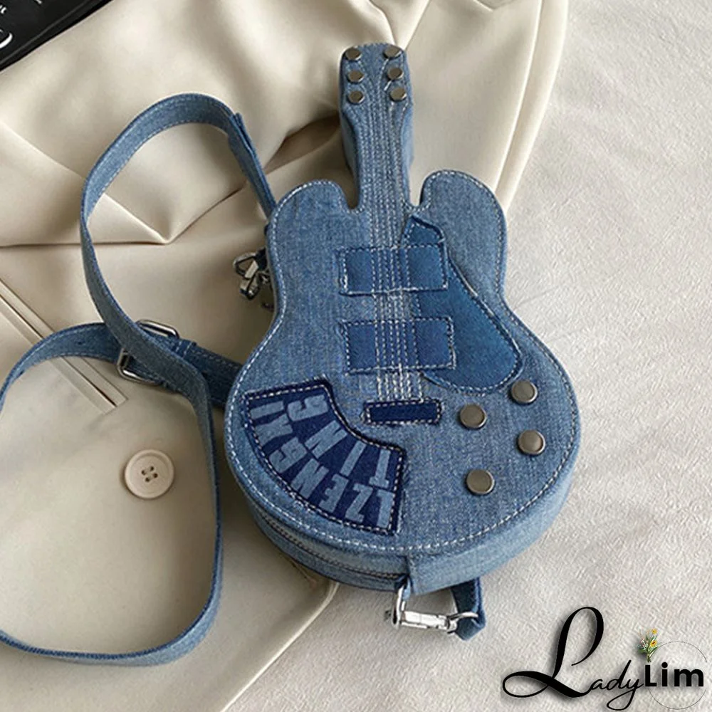 Blue Casual Patchwork Zipper Violin Messenger Bag