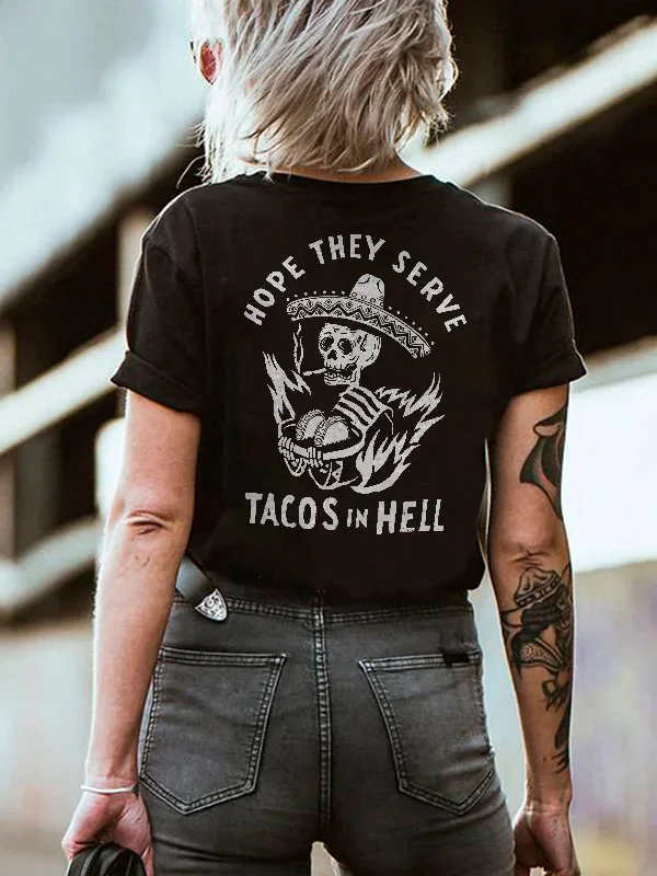 Gothic Dark Tacos Skull Fire Printed Crew Neck Short Sleeve T-shirt