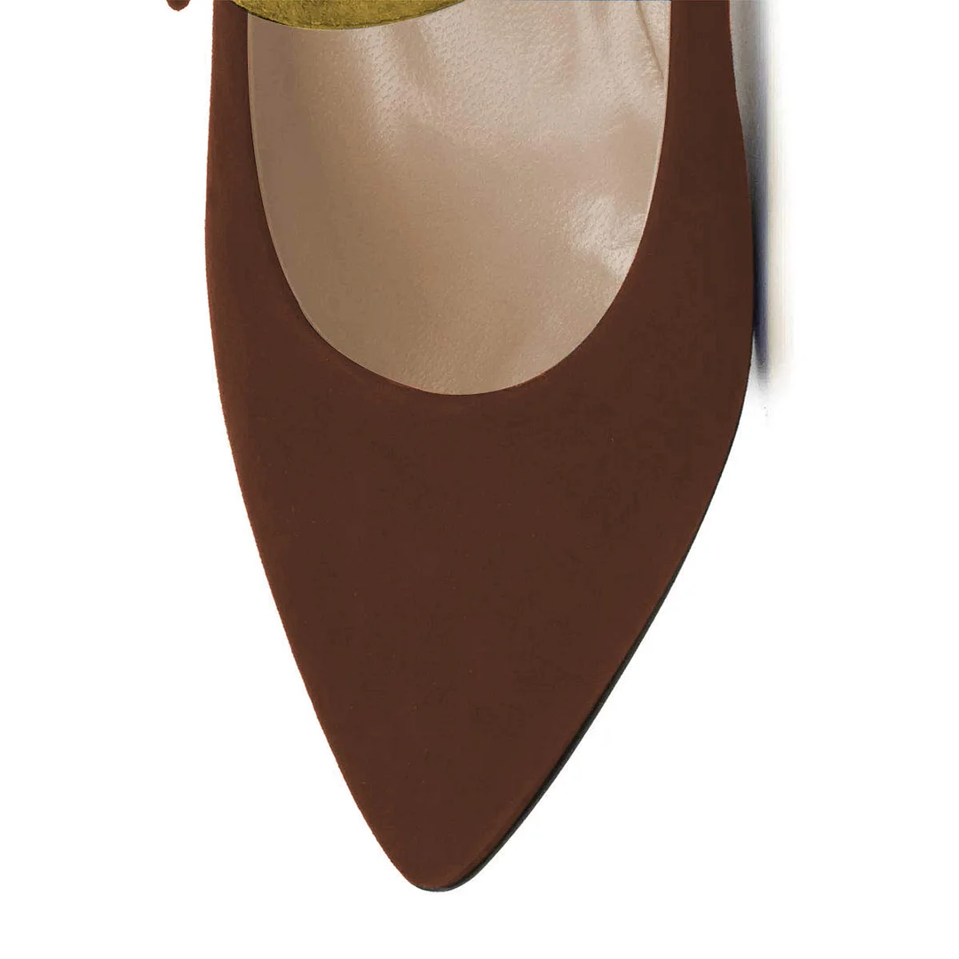 Dark Red Faux Suede Pointed Toe Heel Yellow Buckle Strappy Pumps