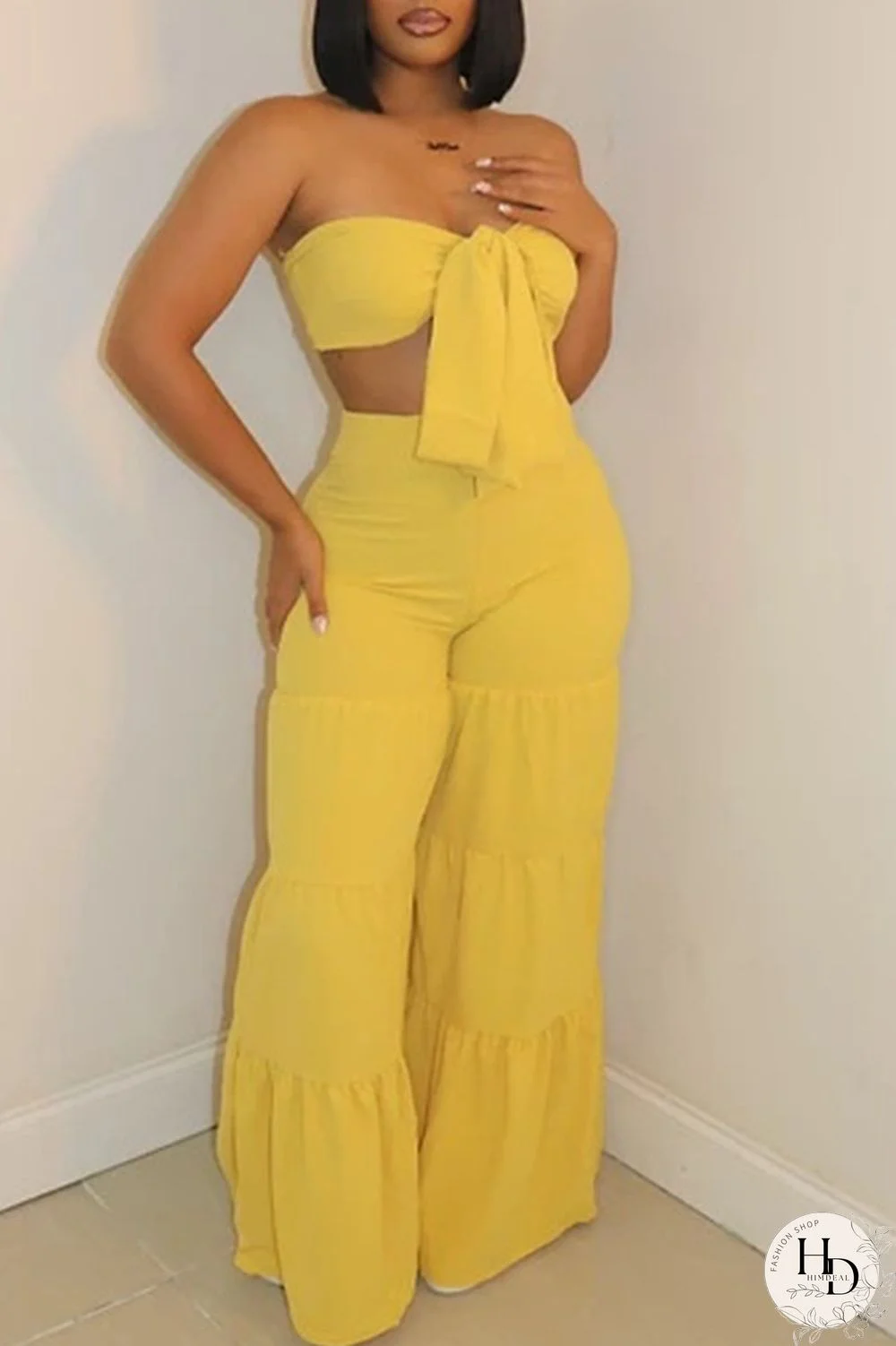 Yellow Sexy Solid Bandage Split Joint Fold With Bow Strapless Sleeveless Two Pieces