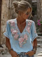 Women's Vintage Resort Embroidered Floral V-neck T-shirt - Image 4