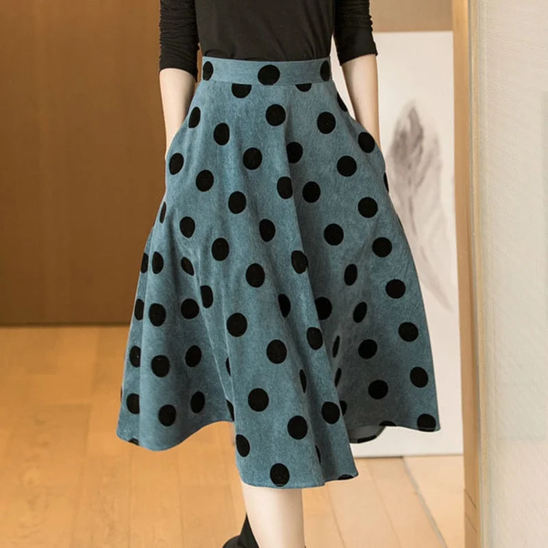 Polka dot high waist skirt female 2022 spring new style French retro Hepburn style corduroy mid-length A-line skirt