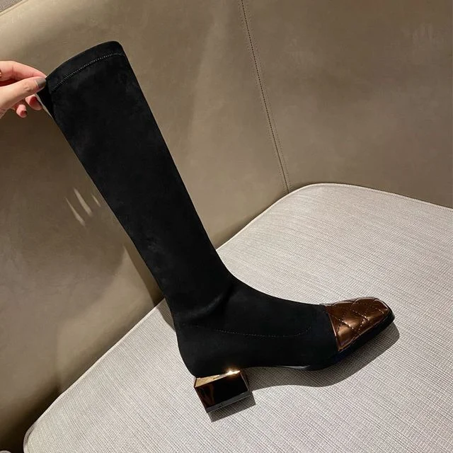 Quilted Boots Square-Toe Panel Knee-High Block Heel