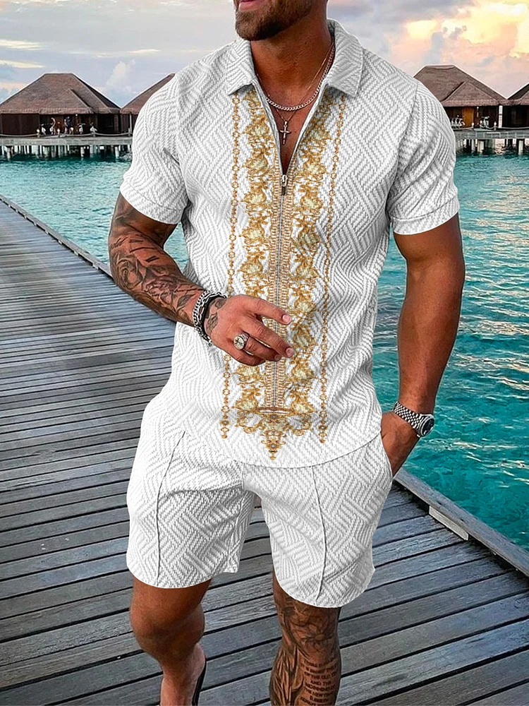 Men's Rich Printed White Polo Suit