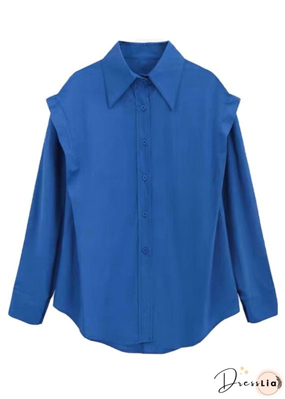 Loose Blue Peter Pan Collar Button Patchwork Cotton Shirt Top Long Sleeve
