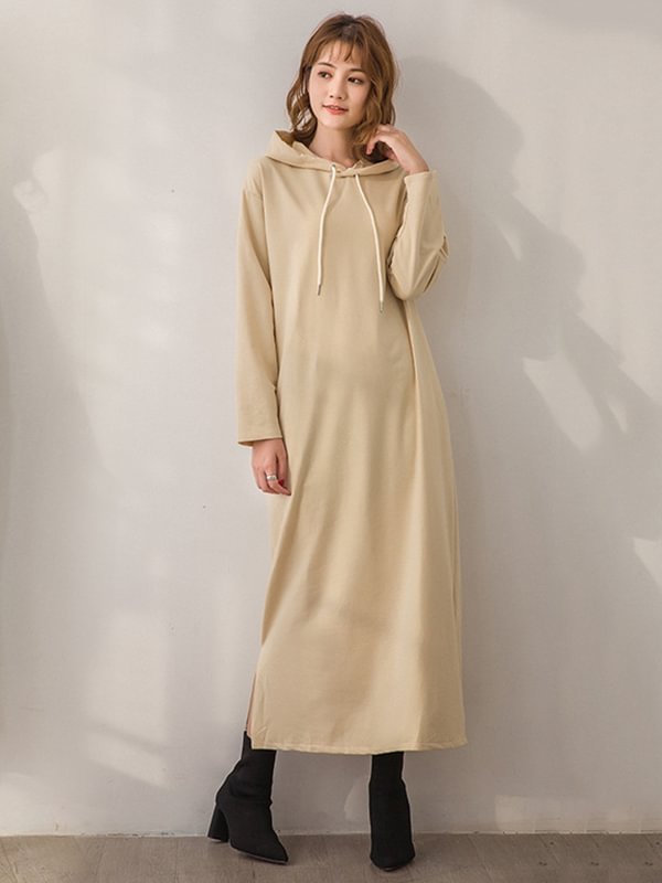 Simple Loose 4 Colors Hooded Long Sleeves Midi Dress