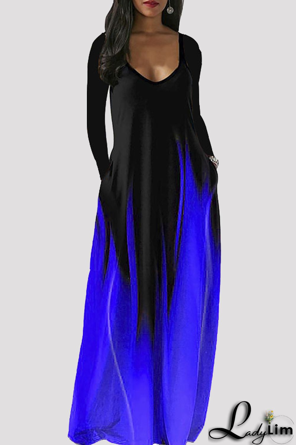 Grey Fashion Casual Print Basic V Neck Long Sleeve Dresses
