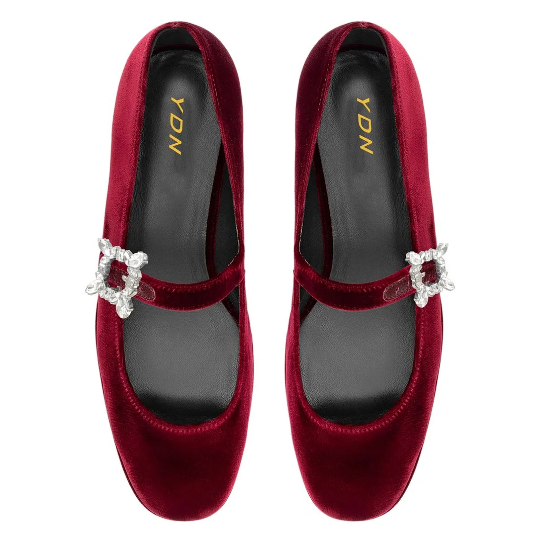 Maroon Velvet Rhinestone Buckle Strap Mary Jane Pumps with Wedge Heel