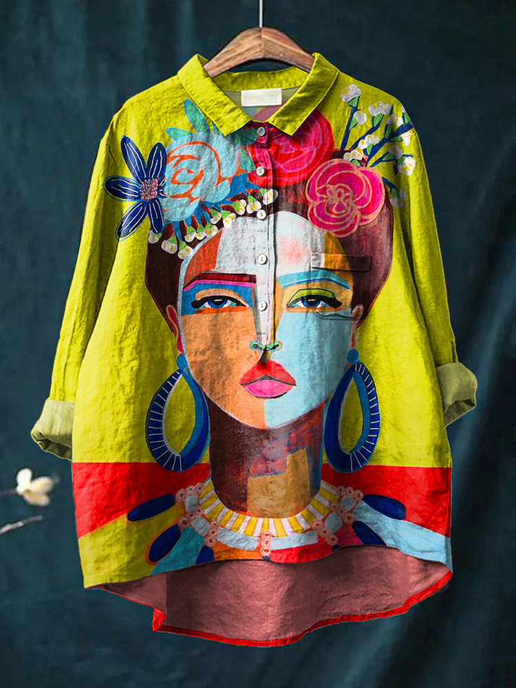 Women s  Oil Painting WomanPattern Casual Cotton And Linen Shirt