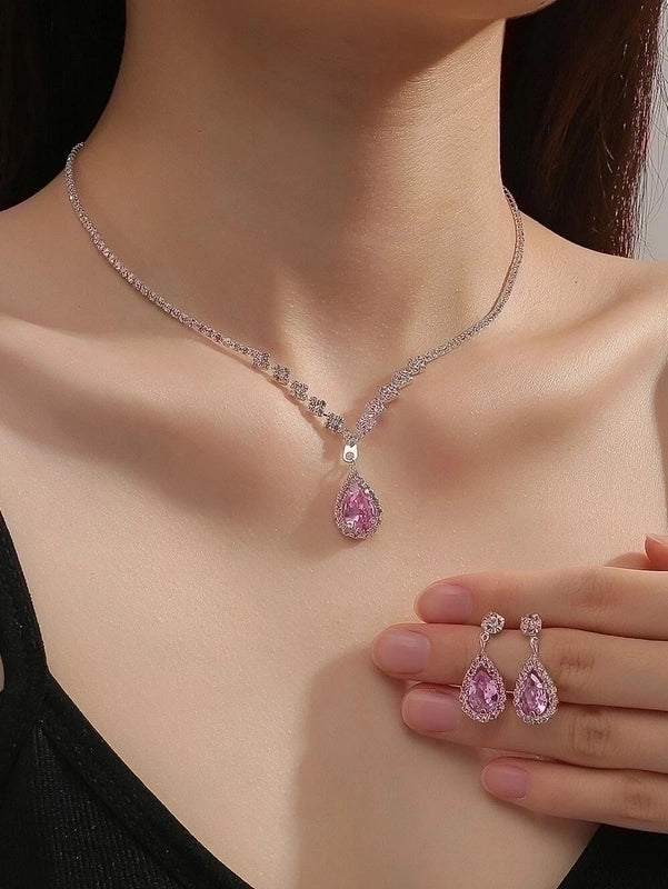 Minimalist Solid Color Artificial Crystal Copper Inlay Zircon Earrings Necklace