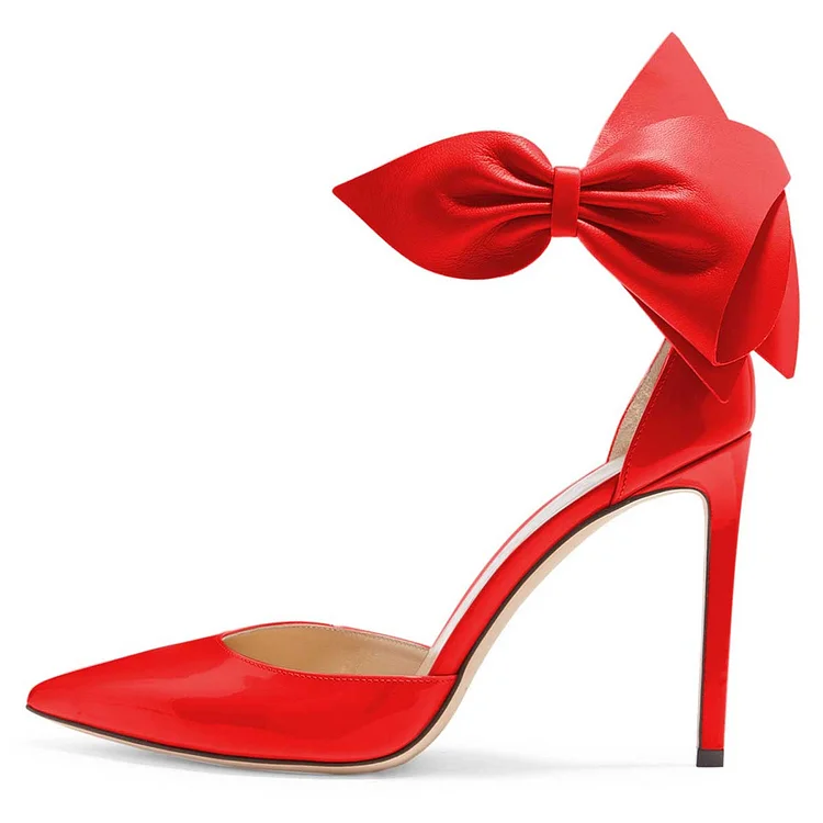 Red Pointy Toe Bow Ankle Strap Heels Pumps |FSJ Shoes