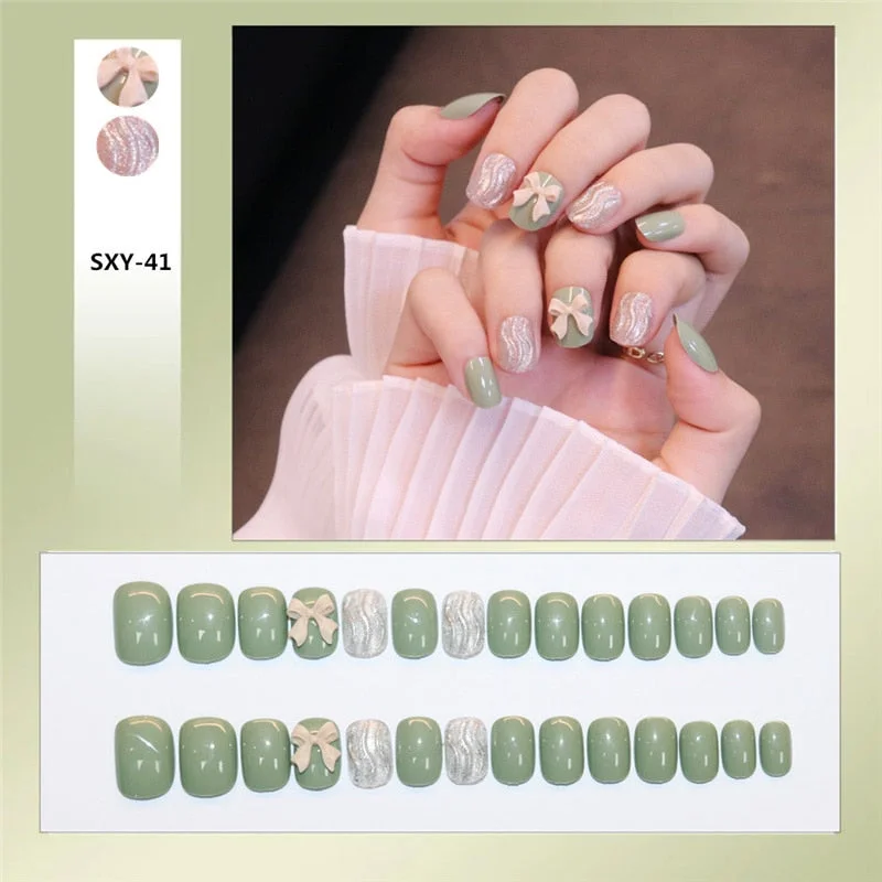 24pcs/box Wearable Finger Fake Nails press on Blue Grey Aurora Effect short size full cover Summer Patch  fake Fingernail tips-Nail Inspo